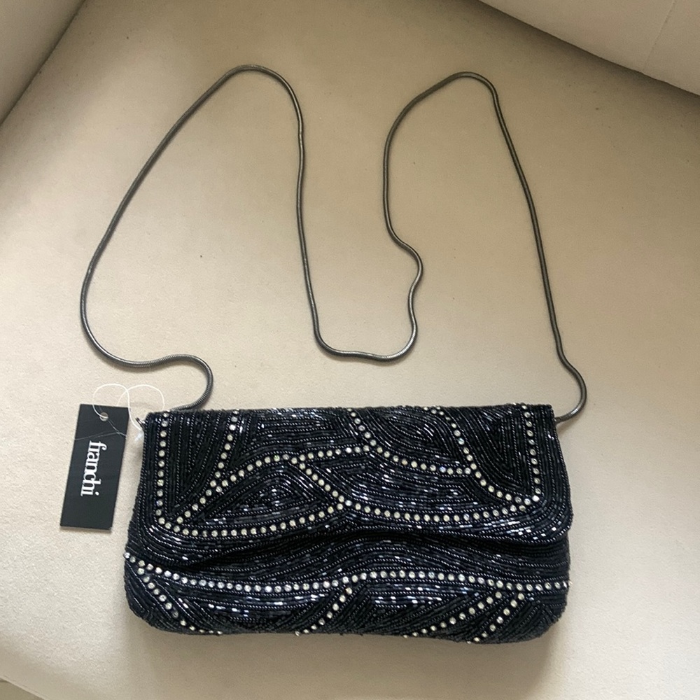 Franchi NWT black hand beaded & rhinestone clutch w removable pewter strap